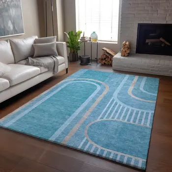 3' X 5' Teal And Khaki Geometric Washable Area Rug With UV Protection