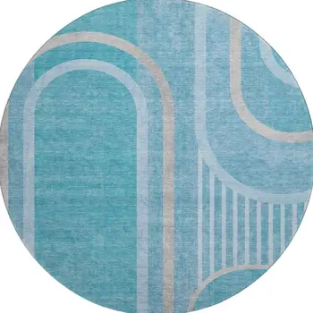 8' Teal And Khaki Geometric Washable Round Rug With UV Protection