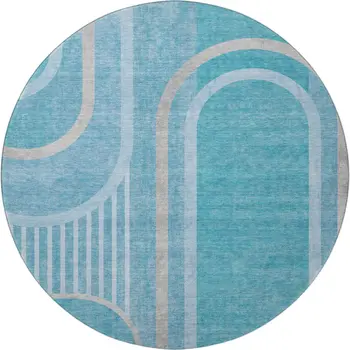 8' Teal And Khaki Geometric Washable Round Rug With UV Protection