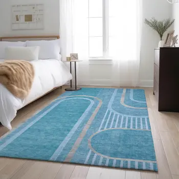8' X 10' Teal And Khaki Geometric Washable Area Rug With UV Protection