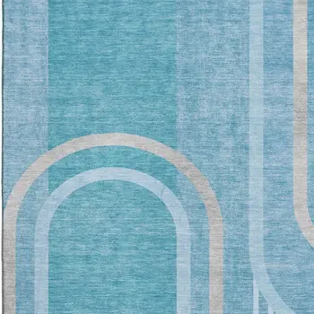 9' X 12' Teal And Khaki Geometric Washable Area Rug With UV Protection