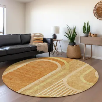 8' Terra Cotta And Gold Geometric Washable Round Rug With UV Protection