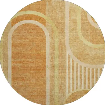 8' Terra Cotta And Gold Geometric Washable Round Rug With UV Protection