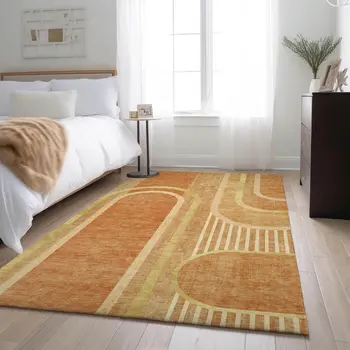 10' X 14' Terra Cotta And Gold Geometric Washable Area Rug With UV Protection