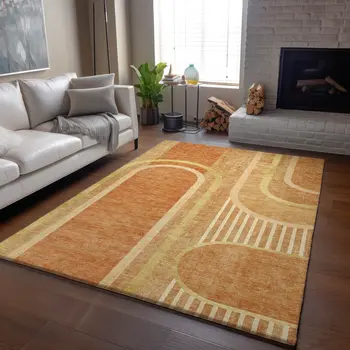 10' X 14' Terra Cotta And Gold Geometric Washable Area Rug With UV Protection
