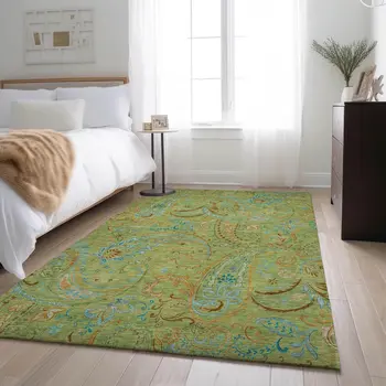 3' X 5' Fern Green And Blue Paisley Washable Area Rug With UV Protection