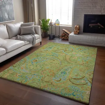 5' X 8' Fern Green And Blue Paisley Washable Area Rug With UV Protection
