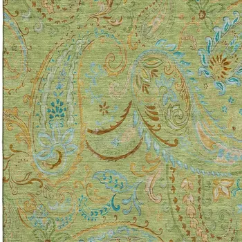 5' X 8' Fern Green And Blue Paisley Washable Area Rug With UV Protection