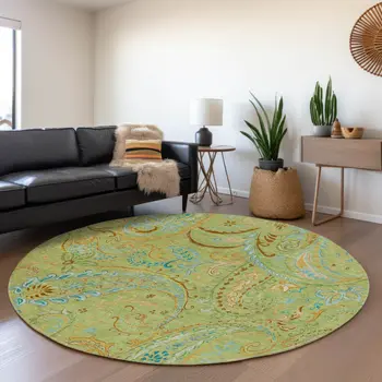 8' Fern Green And Blue Paisley Washable Round Rug With UV Protection