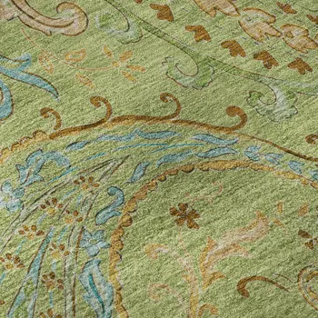 8' Fern Green And Blue Paisley Washable Round Rug With UV Protection