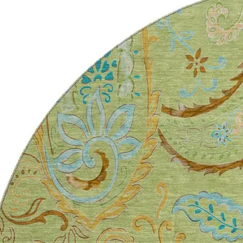 8' Fern Green And Blue Paisley Washable Round Rug With UV Protection