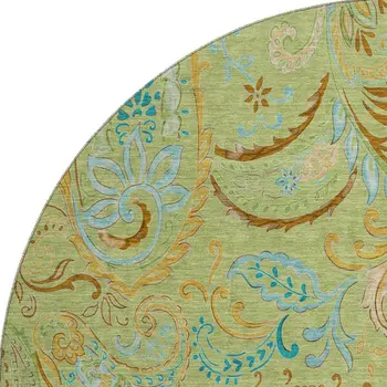 8' Fern Green And Blue Paisley Washable Round Rug With UV Protection