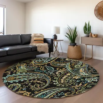 8' Black Blue And Green Paisley Washable Round Rug With UV Protection