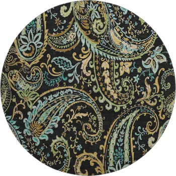8' Black Blue And Green Paisley Washable Round Rug With UV Protection