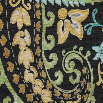 8' Black Blue And Green Paisley Washable Round Rug With UV Protection