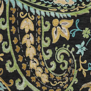 8' Black Blue And Green Paisley Washable Round Rug With UV Protection
