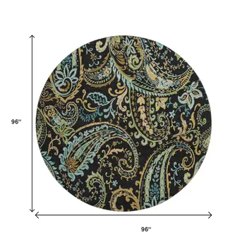 8' Black Blue And Green Paisley Washable Round Rug With UV Protection