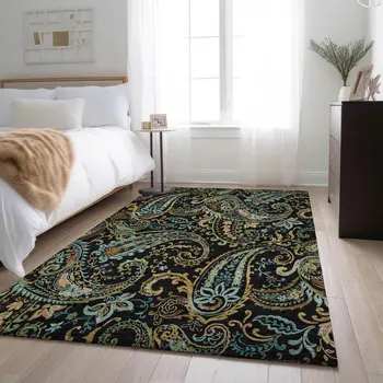 9' X 12' Black Blue And Green Paisley Washable Area Rug With UV Protection
