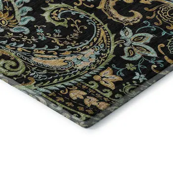 9' X 12' Black Blue And Green Paisley Washable Area Rug With UV Protection