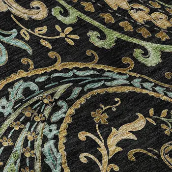 9' X 12' Black Blue And Green Paisley Washable Area Rug With UV Protection