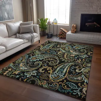 9' X 12' Black Blue And Green Paisley Washable Area Rug With UV Protection