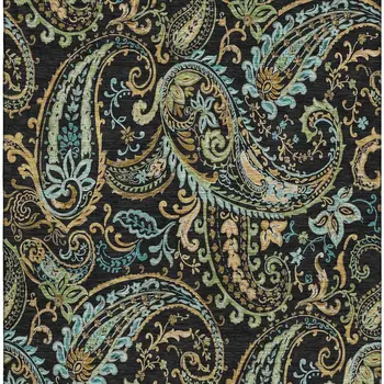 9' X 12' Black Blue And Green Paisley Washable Area Rug With UV Protection