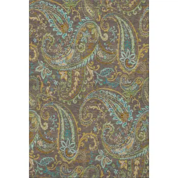 3' X 5' Chocolate Blue And Green Paisley Washable Area Rug With UV Protection