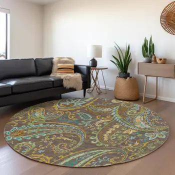 8' Chocolate Blue And Green Paisley Washable Round Rug With UV Protection