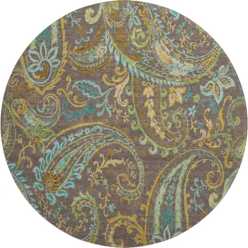 8' Chocolate Blue And Green Paisley Washable Round Rug With UV Protection
