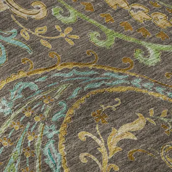 9' X 12' Chocolate Blue And Green Paisley Washable Area Rug With UV Protection