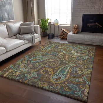 9' X 12' Chocolate Blue And Green Paisley Washable Area Rug With UV Protection