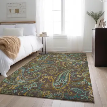 10' X 14' Chocolate Blue And Green Paisley Washable Area Rug With UV Protection