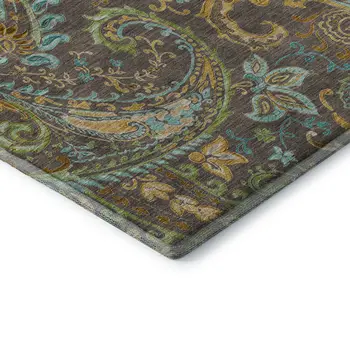 10' X 14' Chocolate Blue And Green Paisley Washable Area Rug With UV Protection