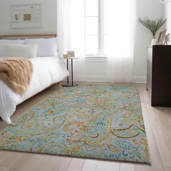 3' X 5' Gray Blue And Green Paisley Washable Area Rug With UV Protection
