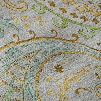 3' X 5' Gray Blue And Green Paisley Washable Area Rug With UV Protection