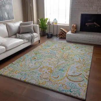 3' X 5' Gray Blue And Green Paisley Washable Area Rug With UV Protection