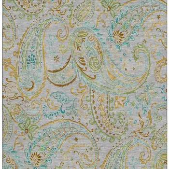 3' X 5' Gray Blue And Green Paisley Washable Area Rug With UV Protection