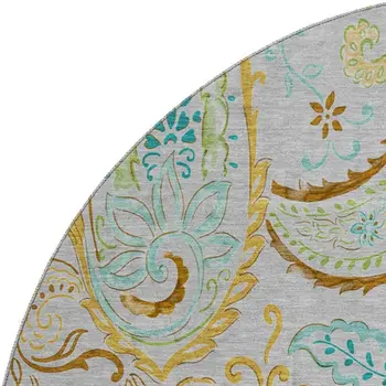 8' Gray Blue And Green Paisley Washable Round Rug With UV Protection