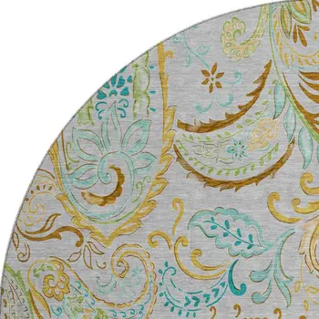 8' Gray Blue And Green Paisley Washable Round Rug With UV Protection