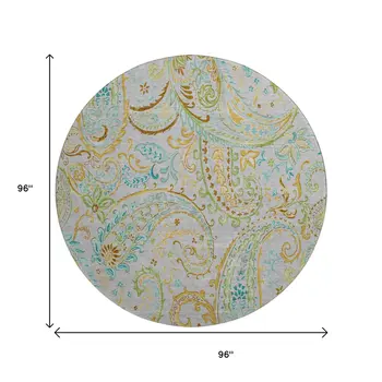 8' Gray Blue And Green Paisley Washable Round Rug With UV Protection