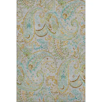 10' X 14' Gray Blue And Green Paisley Washable Area Rug With UV Protection