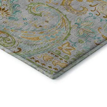 10' X 14' Gray Blue And Green Paisley Washable Area Rug With UV Protection
