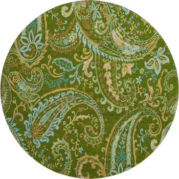 8' Green And Blue Paisley Washable Round Rug With UV Protection