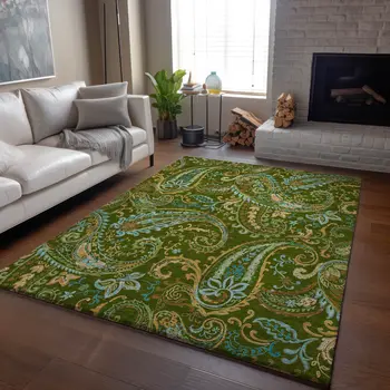 8' X 10' Green And Blue Paisley Washable Area Rug With UV Protection