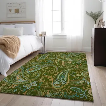 9' X 12' Green And Blue Paisley Washable Area Rug With UV Protection