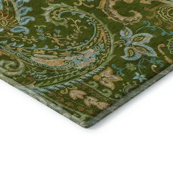 9' X 12' Green And Blue Paisley Washable Area Rug With UV Protection