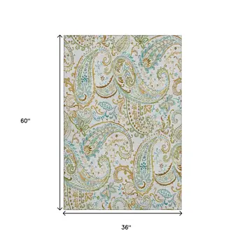 3' X 5' Ivory Blue And Green Paisley Washable Area Rug With UV Protection