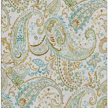 5' X 8' Ivory Blue And Green Paisley Washable Area Rug With UV Protection