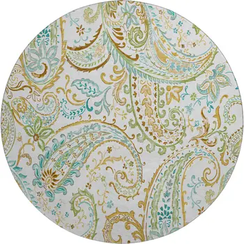8' Ivory Blue And Green Paisley Washable Round Rug With UV Protection