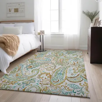 9' X 12' Ivory Blue And Green Paisley Washable Area Rug With UV Protection